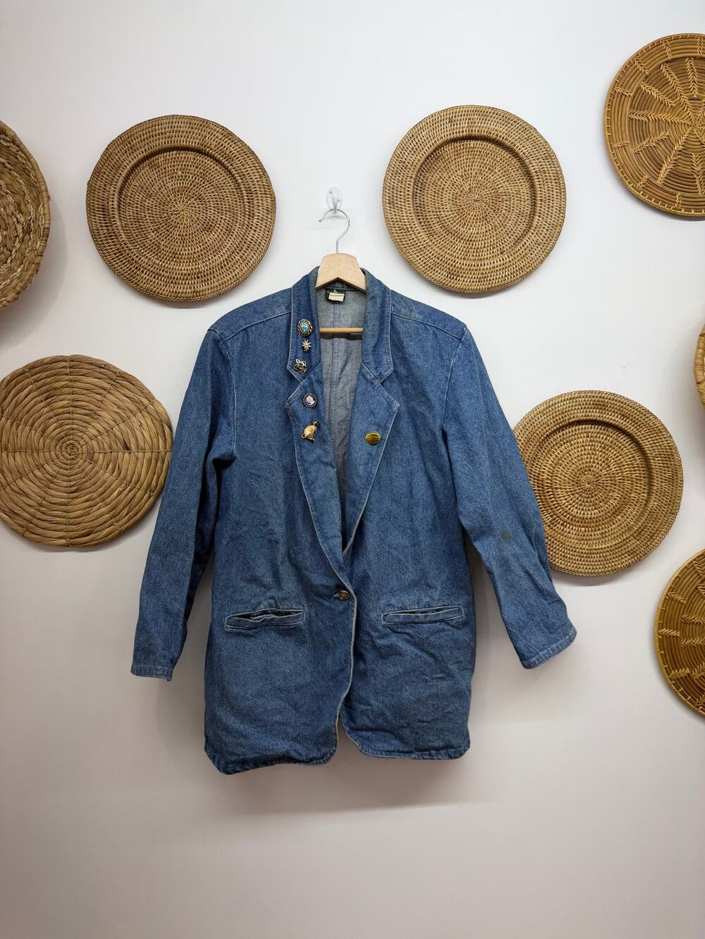 Vintage 90s Hunt Club Denim Blazer Jacket with Brooches Large